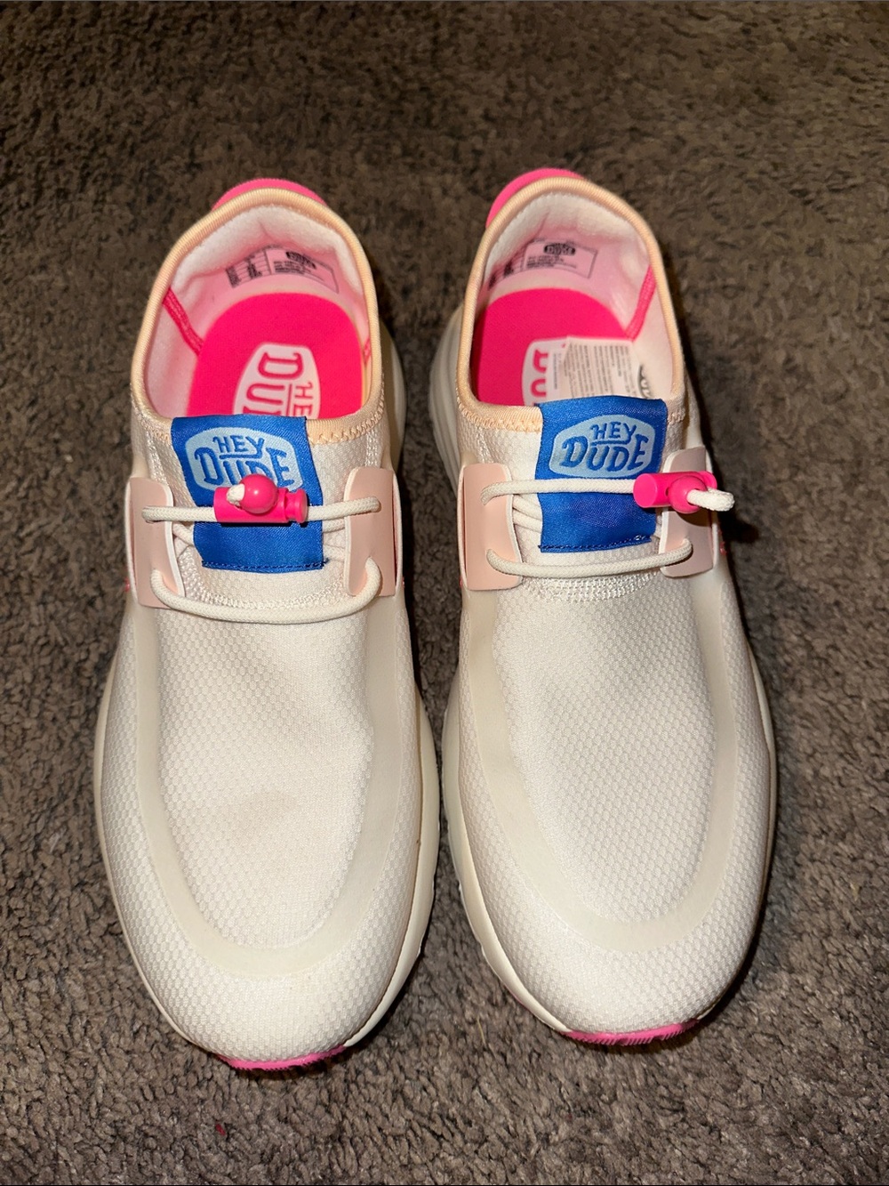 Hey Dude White Sneakers with Pink and Blue Accents